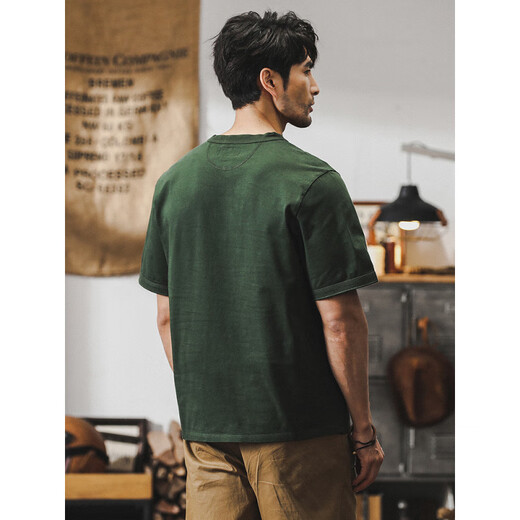 Pure (YISHion) American 320g heavyweight t-shirt men's short-sleeved polo shirt men's 2025 new loose tough guy Henry shirt T-shirt men 2323 military green S suitable for 90-115Jin Jin equals 0.5 kg