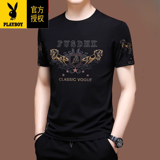 花花公子（PLAYBOY）高端款短袖t恤男士冰丝半袖夏装卫衣丝光棉刺绣宽松中年上衣服潮 X733黑色 M 165【建议-120斤】