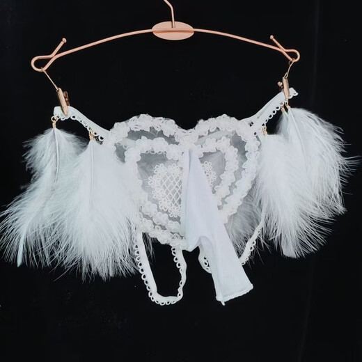 Open crotch lace men's pure desire sexy modified JJ set underwear feather decoration embroidered breathable open file thong love white JJ set open style 100-140Jin Jin equals 0.5 kg