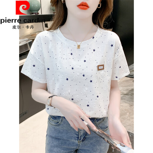 Pierre Cardin reines Baumwolldruck-T-Shirt für Frauen kurzärmelige Sommer 2025 NEU LOOSSPRUCK DESIGN VERSATILE T-SHIRT TOP TREND 1396 Weiß + W7274 Löwenzahn M für 100-109jin [Jin gleich 0,5 kg] geeignet.
