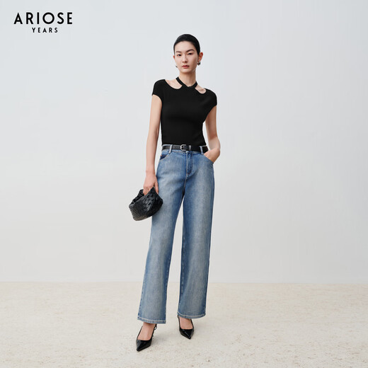Ainos Essi [gleicher Stil in der Mall] 2025 Sommer Neues Produkt Vielseitiges hoher Taille gerade breite Beinjeans und Hosen für Frauen 40513207 Denim Lamb S
