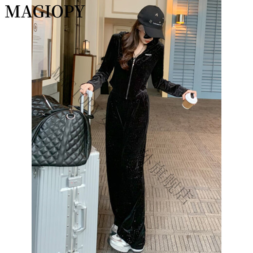 MAGIOPY国际奢侈高档品牌网红同款休闲运动套装女春高端黑色丝绒外套上衣 黑色两件套 M(101-110斤)
