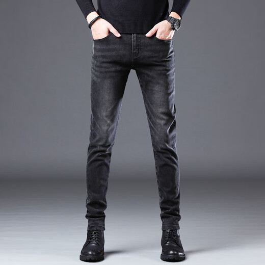 劲霸品牌男装夏季薄款黑色牛仔裤男修身小脚韩版高端弹力休闲高端 1048-黑色 28
