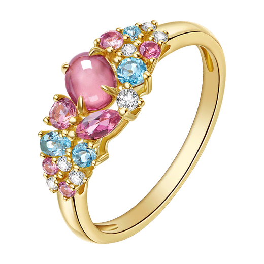 IL&CO Youke Hecaihuaxin 18K gold natural pink tourmaline ring multi-color gemstone birthday and Valentine's Day gift for women, tourmaline + topaz + diamond, total about 0.8 carats, size 13