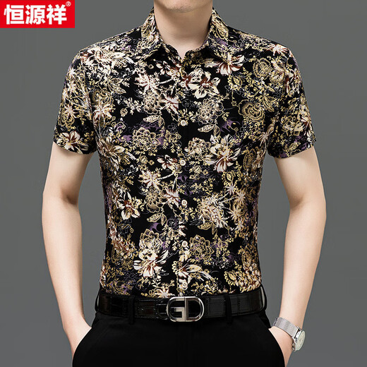 恒源祥夏季桑蚕丝短袖印花衬衫男冰.丝半袖免烫花衬衣休闲中年爸爸薄款 Y81-9898黑色 XL 175【140-160斤】