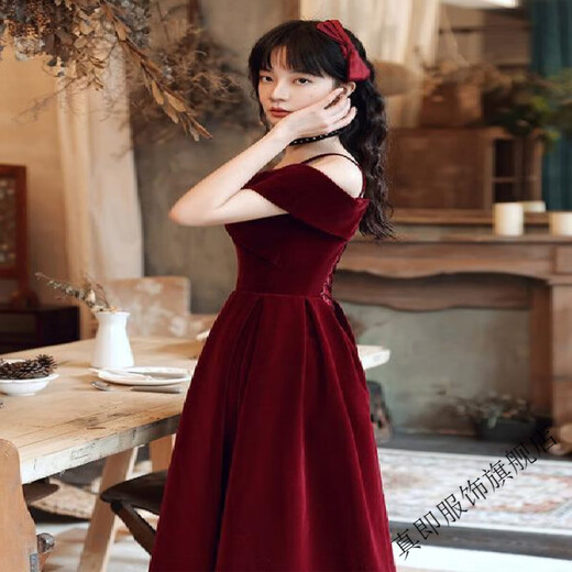 Zhenji wine red toast dress 2025 autumn and winter new bridal temperament suspender velvet engagement dress female wedding dress wine red L