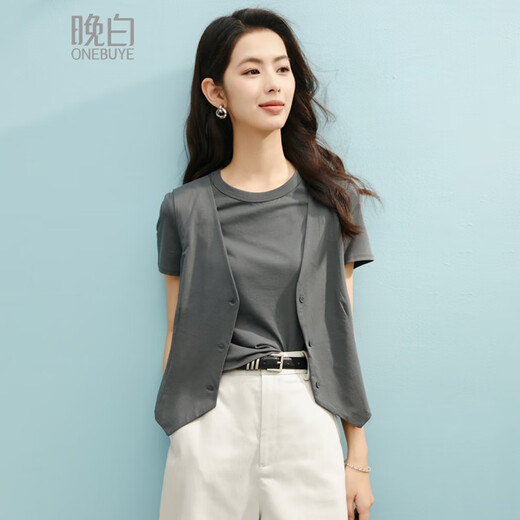 Spätes Weiß [neues Produkt] 2025 Sommer-vielseitiger Oberteil mit einem zweiteiligen T-Shirt von Baumwollstil für Frauen grau m