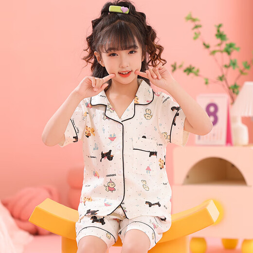 儿童纯棉短袖睡衣家居服套装春夏季新款薄款空调服 棉757 150 (18)