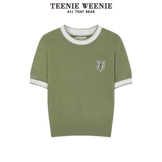 Teenie WeenieTeenieWeenie Bear Women's Simple Style Summer Clothes Contrast Color Texture Crescent Hook Edge Round Neck Short Sleeve Sweater Army Green XS 155_