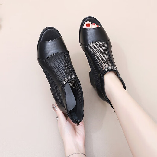 2025 Sommer neuer Stil Fischschuhe für Frauen dicke Fersennetzschuhe echte Leder-Leder-Diamantstiefel Frauen High Heel Sandalen Sommer schwarz innen und außerhalb des echten Leders 34