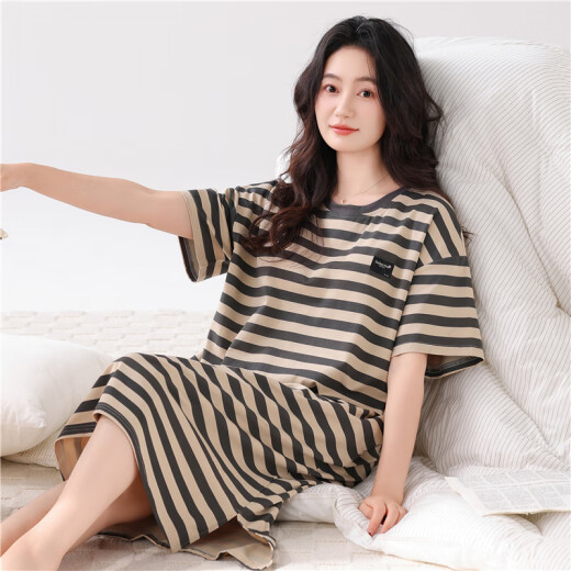 莫代尔2025新款带胸垫睡裙女款夏季纯棉短袖薄款条纹中长款睡衣家居服裙 无胸垫14109 M 160建议体重80-100斤左右