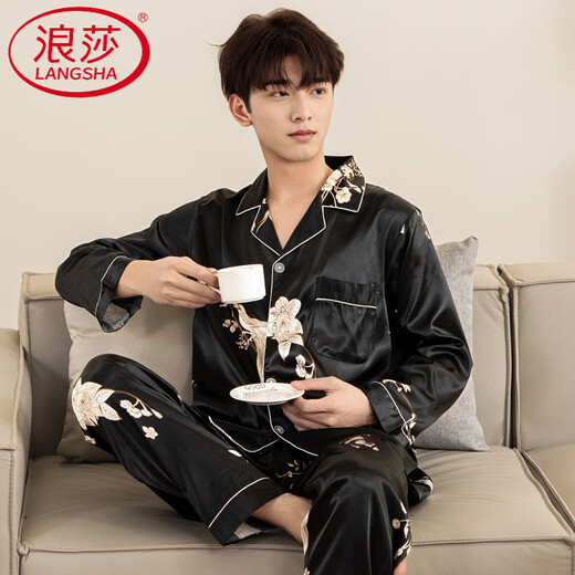 LangSha Spring and Autumn Pajamas Men's Long Sleeve Ice Real Silk Thin Home Suit Men's Light Luxury Style Summer Set M6630 L [-140Jin [Jin equals 0.5 kg]]