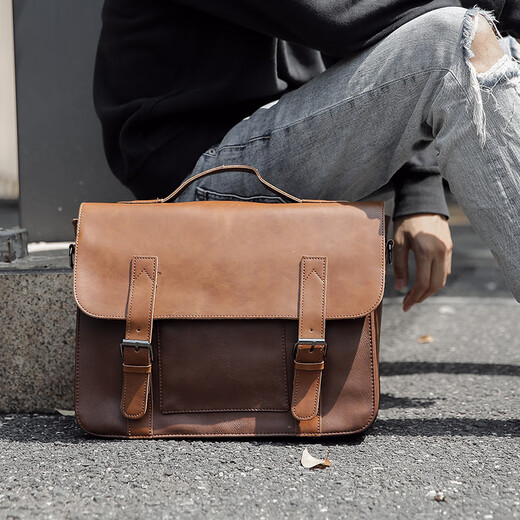 
POLO retro Crazy Horse PU leather postman bag shoulder bag trendy men's new style cross-span bag business casual briefcase electric black 1