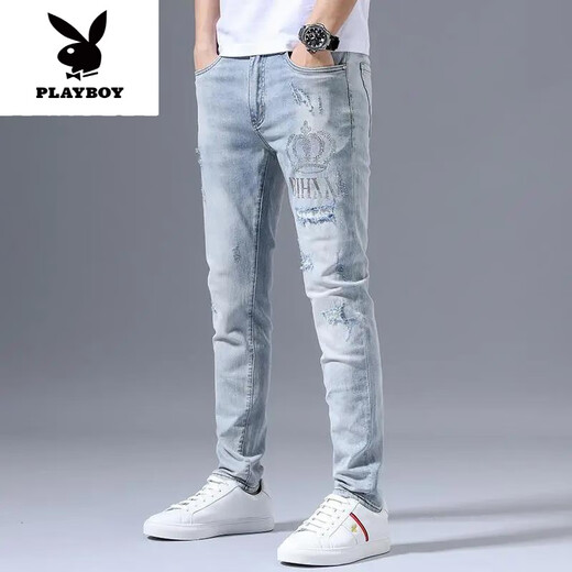花花公子（PLAYBOY）夏季弹力牛仔裤男士破洞刺绣潮流修身小脚浅色百搭长裤子新品 浅蓝色3890皇冠破洞裤 29 【建议100-110斤】