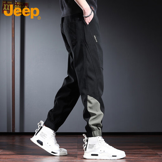JEEP Overalls Men's Autumn and Winter Casual Sports Pants Men's Loose Leg-tie Trendy Men's Pants Black XL