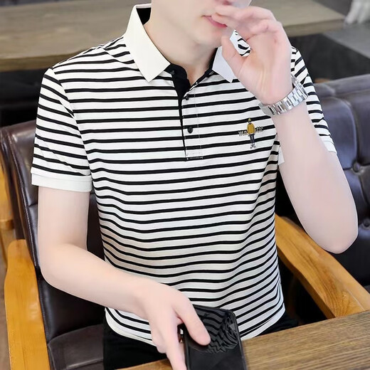 Pierre Cardin Haut-giron à rayures T-shirt pour hommes T-shirt Coton Coton Summer à manches courtes NOUVEAU TRENDE CAS CAS CASSET T-shirt 983 Braves noires [de haute qualité] M 85-100jin [Jin est égal à 0,5 kg]