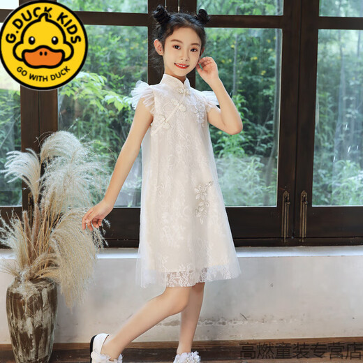 G.DUCKKIDS中国风女童旗袍裙夏季儿童改良汉服连衣裙大童薄款国风古筝演出服 浅蓝色 130