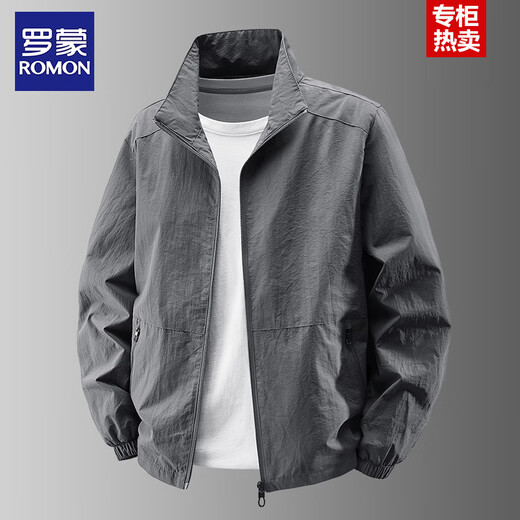 Romon Jacket Men's Jacket 2025 New Spring and Autumn Casual Top Stand Collar Jacket Dad Middle-aged and Old Men's Clothing JK8919 Gray Simple and Versatile XL Recommended 140-160Jin Jin equals 0.5 kg