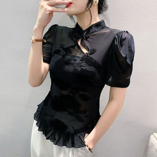 Deluobin (Deluobin) Hebilla de verano Femenina Cuerpo delgado 2025 Fashion Sprofle Beadle Stand de Soporte Beadle Mesh Camiseta de manga corta para mujeres Nuevo 3891 Diseño micro-transparente de manga corta 3xl