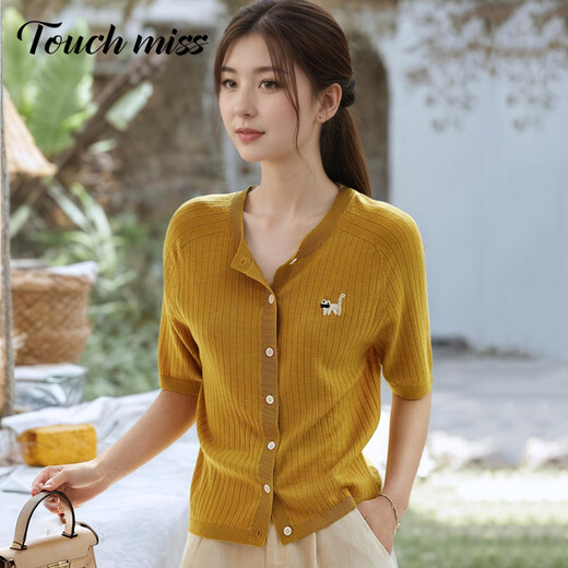 塔驰密司 TOUCH MISS【小猫贝贝】120s扬子纱坑条短袖针织开衫上衣短袖 姜黄色 S