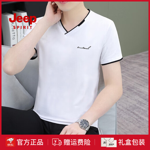 JEEP SPIRIT夏季薄款男装v领短袖T恤衫时尚纯棉修身休闲百搭透气半袖潮牌上衣 白色Q693短袖 M