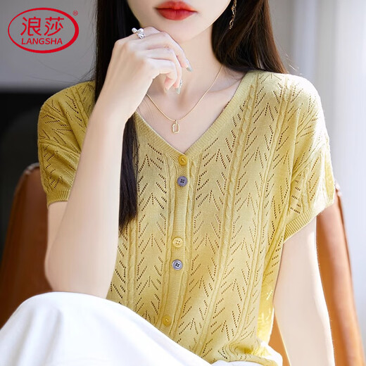 浪莎（LangSha）高档法式复古镂空V领针织开衫短袖女夏薄款设计感小飞袖显瘦外搭 米白色 M