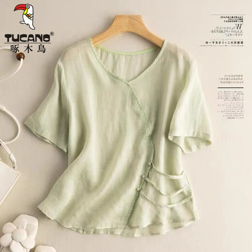 Woodpecker Ice Silk Cotton Line 2025 Summer Chinese Style Short-sleeved T-shirt for Women 2025 New High-end Thin Versatile Shirt Top Caramel Color Card Code One Size) M 95Jin [Jin equals 0.5 kg]
