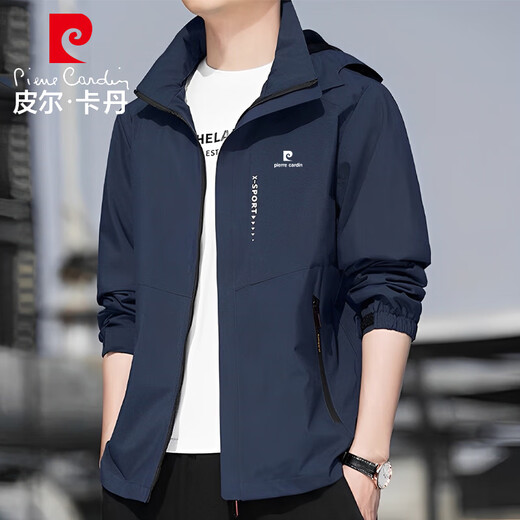 Pierre Cardin Jacket Men's Spring and Autumn Simple Versatile Hooded Jacket Outdoor Casual Loose Jacket Dark Blue XL