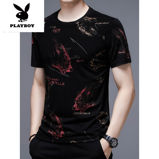 花花公子（PLAYBOY）短袖t恤男士2025新款夏季潮流冰感桑蚕丝棉体恤新品 13807#蓝色 冰丝短.袖T恤 M 165 100-115斤