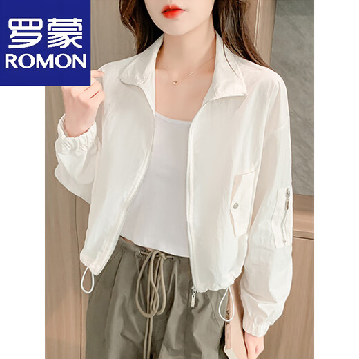 罗蒙（ROMON）2025春夏季新款美式抽绳工装短款薄款夹克开衫防晒外套小个女修身 白色 S 建议80-95斤