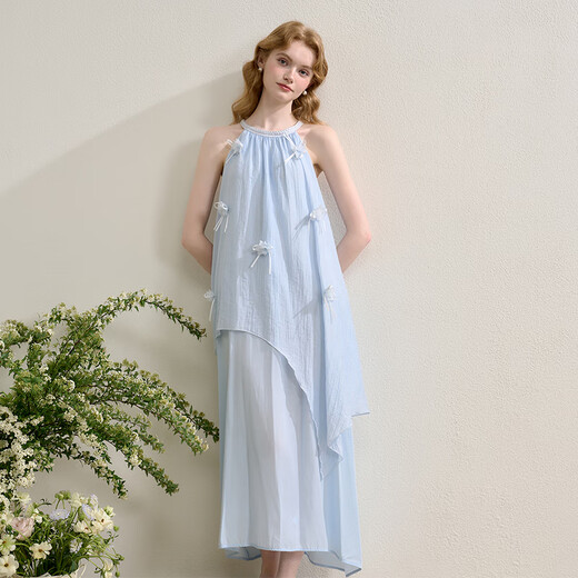 Xiyu Vestido Halter Azul Mujer 2025 Verano Nuevo Arco Flor Falda Estilo Resort Francés Azul M (160)