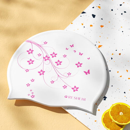 天启世纪泳帽女防水不勒头舒适长发护耳加大时尚新款印花游泳泳镜套装 白粉-蝴蝶飞-长发专用-泳帽+黑透