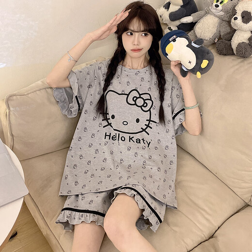Cute hellokitty pajamas girls' style pure cotton summer short-sleeved thin style plus size fat mm student home clothing QYS-9928 M (suitable for 80-100 Jin [Jin equals 0.5 kg])