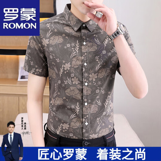 Romon High-End Summer Ice Seide kostenlos kurzärmeliges Hemd für Männer 2025 Neues Schlanker Geschäft Blumener lässiges Anti-Falten-Hemd 679 Black M (85-100jin [Jin entspricht 0,5 kg]))
