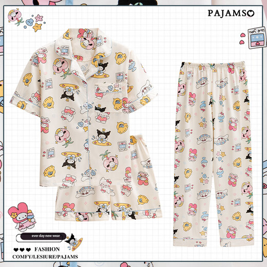 雅鹿helloKitty睡衣女夏季三件套装纯棉2025新款短袖春秋家居服 S761#樱桃熊三件套 M 【建议75-100斤】