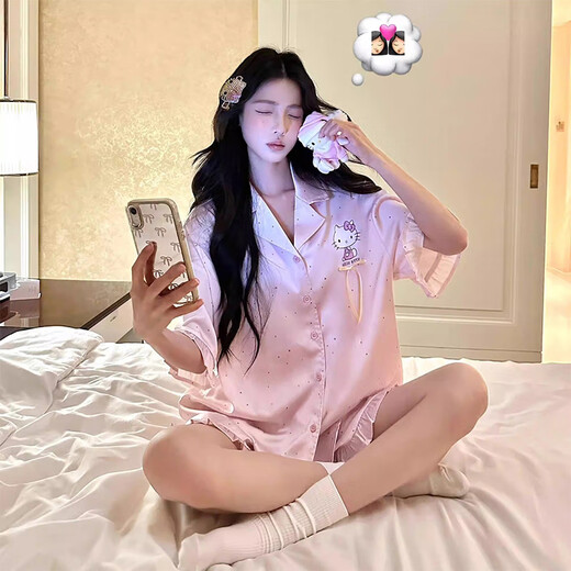 另约冰丝凉感睡衣女款夏季带胸垫短袖薄款2025新款可爱卡通家居服套装 9905 KT猫 固定胸垫 M