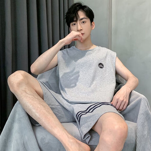 浪莎（LangSha）男士睡衣夏季质感套装男式薄款宽松加大码无袖背心家居服套装 9928#(短袖短裤) L 体重100-120斤