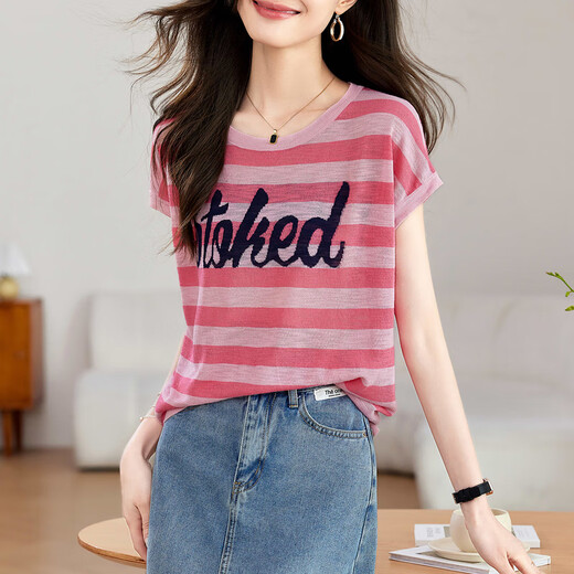 OLJ light luxury brand T-shirt for women in summer 2025 new striped letter casual shoulder loose flesh covering top, green M 90-105Jin [Jin equals 0.5 kg]