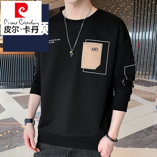 Pierre Cardin Herren-Langarm-T-Shirt, locker, trendig, Marke, kleines Hemd, 2023, neues T-Shirt, Frühlings- und Herbst-Tops, Sweatshirt, Herren, trendiger Samt, verdickt, 1105, Schwarz, XL, ca. 130–145 Jin Jin entspricht 0,5 kg, kann getragen werden