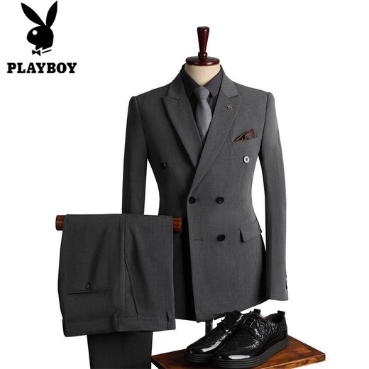 Playboy (PLAYBOY) high-quality suit men's British style double-breasted business casual suit three-piece groom's wedding dress medium gray (suit + pants) M 48