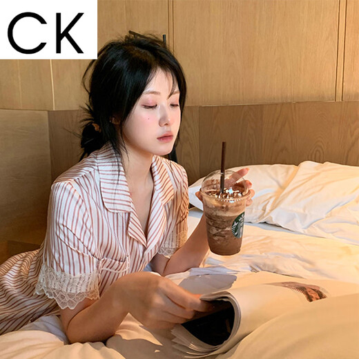 CK蕾丝条纹冰丝睡衣女春夏ins风高颜家居服可外穿 LW-9207【面料】 L 【建议100-115斤】