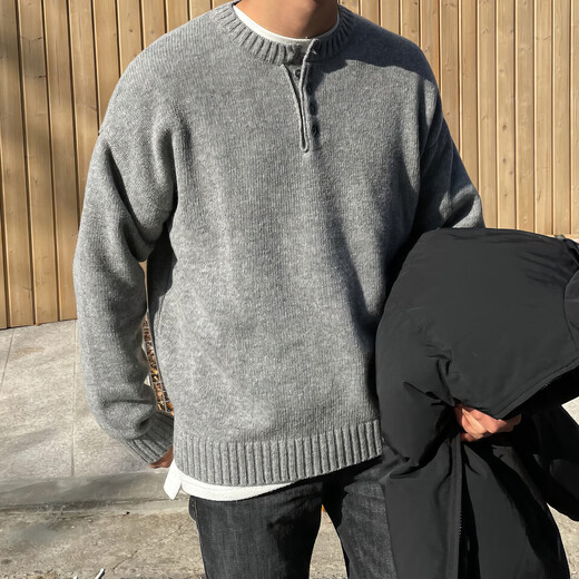 DAVID&ME Henry collar sweater men's spring and autumn new style Japanese retro light literary casual simple versatile loose pullover sweater Army Green M