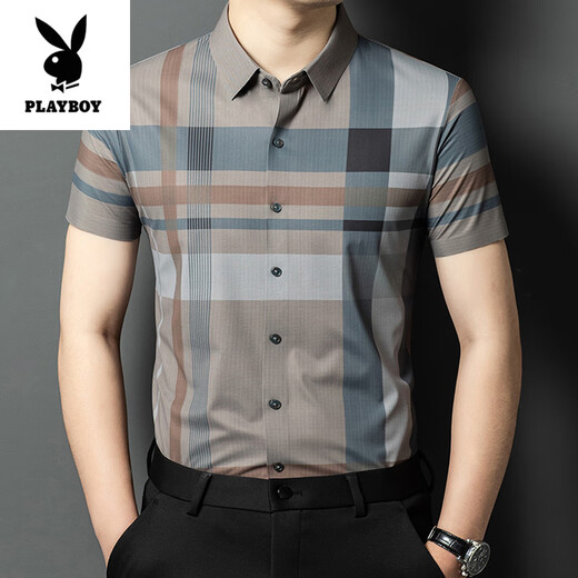 花花公子（PLAYBOY）高档夏季新款桑蚕丝短袖衬衫男士免烫抗皱商务休闲格子半袖衬衣潮 15273蓝色 M 165