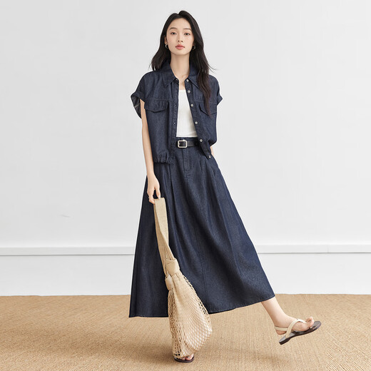
White slack and casual denim shirt for women 2025 summer new design drawstring Laiser shirt short jacket denim blue M