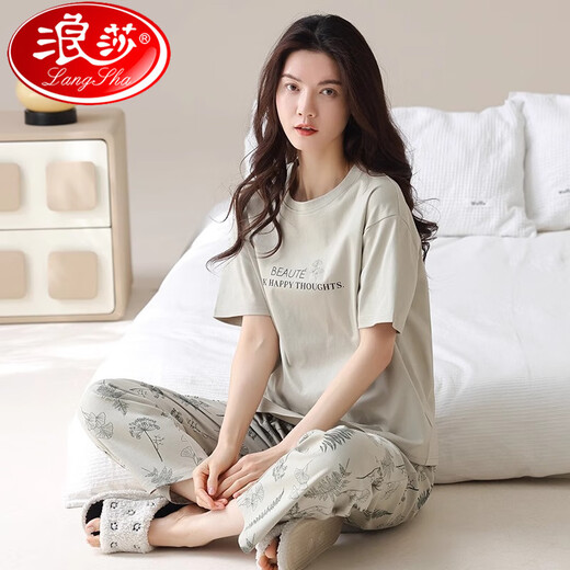 浪莎（LangSha）2025年新款睡衣女士夏季轻薄宽松纯棉短袖长裤可外穿休闲家居服套 YZT9711【100%纯棉】 XL 【建议120-140斤穿】