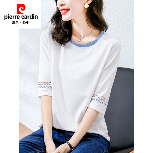 皮尔卡丹（pierre cardin）纯棉白色中袖t恤女2025年夏季新款七分袖宽松短袖体恤春秋上衣服 1XS328白色+W6172冰蓝 M 80-105斤