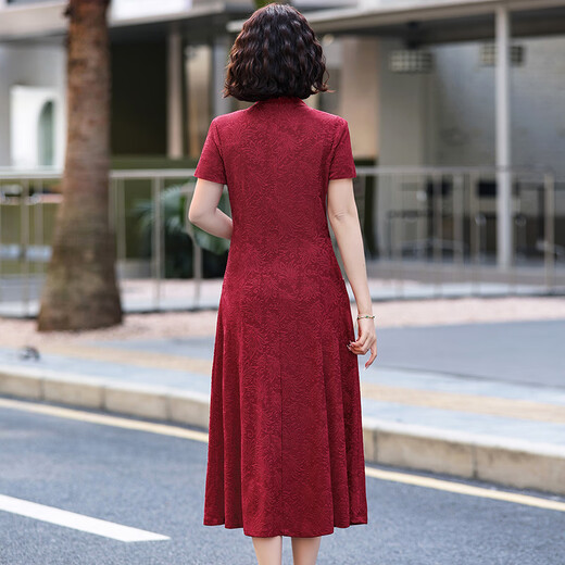 Fuxi May Day wedding wedding mother-in-law wedding dress mother over knee long skirt noble wedding dress middle-aged and elderly women improved cheongsam 1585-9332 Summer short-sleeved wine red XL Recommended 90-110Jin [Jin equals 0.5 kg]