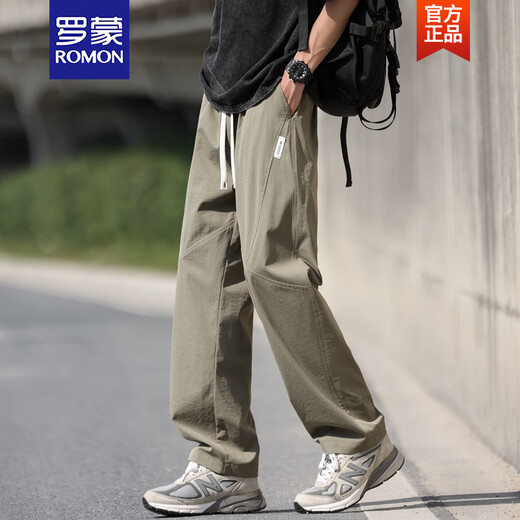 罗蒙（ROMON）男士裤子夏季薄款美式直筒冰丝裤男生军绿色凉感透气休闲长裤 灰色6636 L