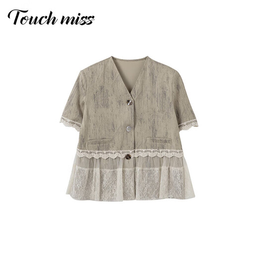 塔驰密司 TOUCH MISS时尚韩系短袖外套女2025夏季轻职亮片蕾丝拼接百搭气质上衣女 浅绿 S 【90-130斤】