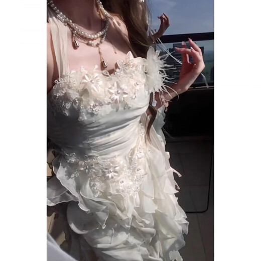 Mei Anjia White Lace Suspender Ruffled Pure Sexy A-Line Skirt Autumn Dress Embroidered Slim Waist Birthday Dress Dress S